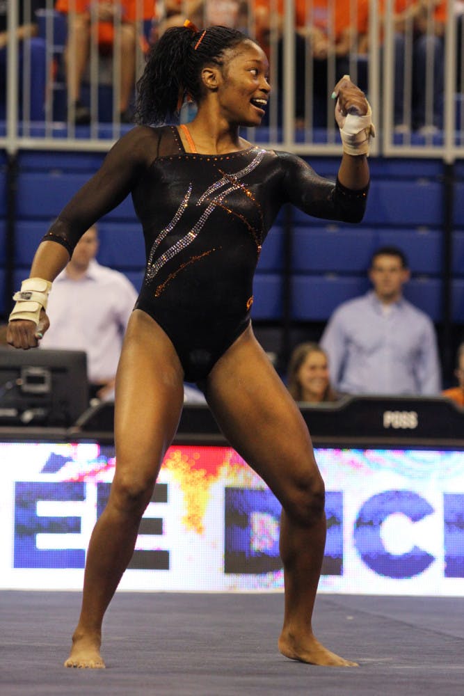 Ashanee Dickerson performs her floor routine in Florida’s 196.975-196.075 win against Kentucky on Feb. 22 in the O’Connell Center. Dickerson slipped on the balance beam in Florida's first event at the NCAA Super Six, but scored a 9.9 on the floor.