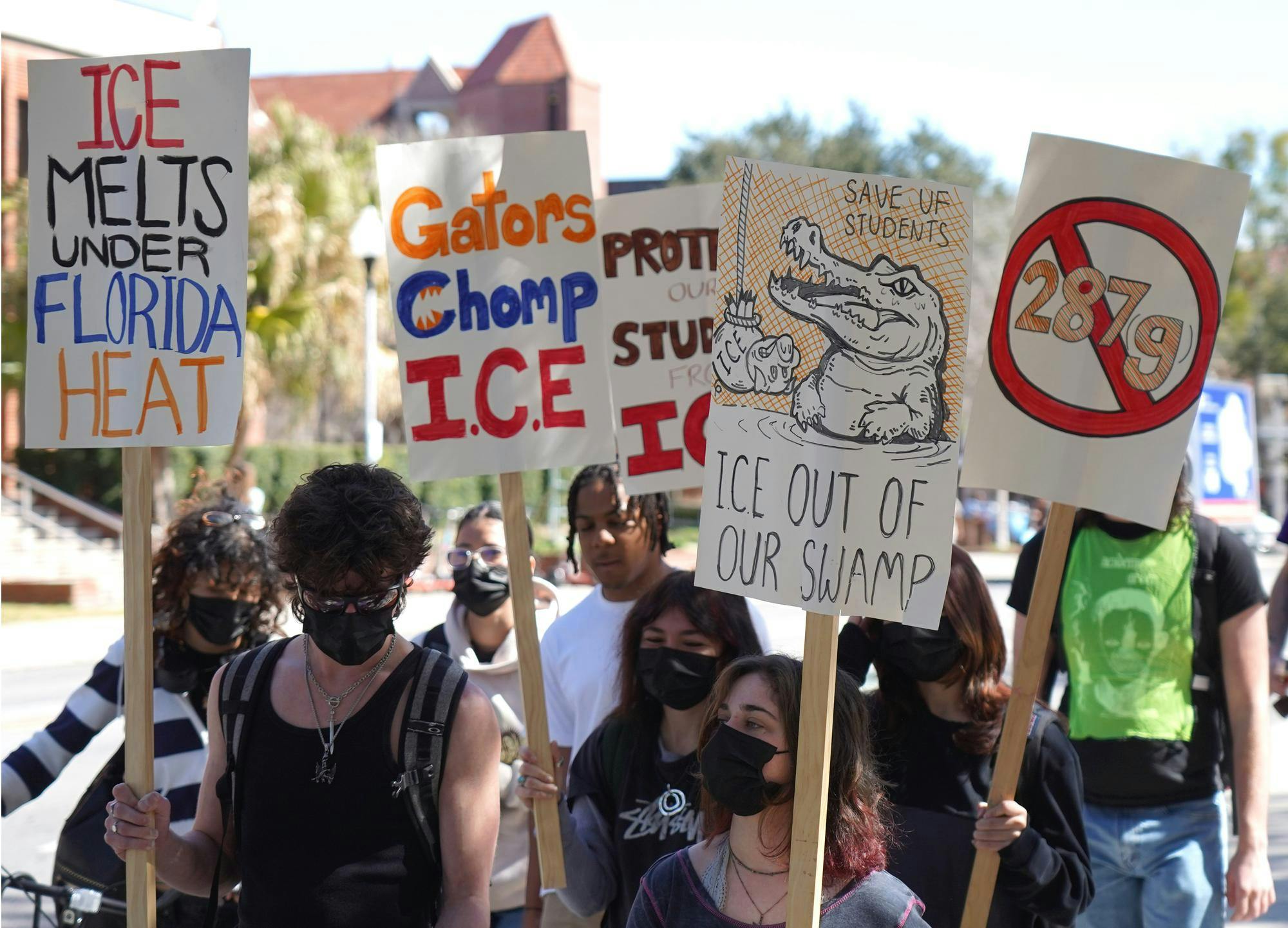 University of Florida students march in protest of ICE outside of the Hub in Gainesville, Fla. on Tuesday Feb 17, 2026. 