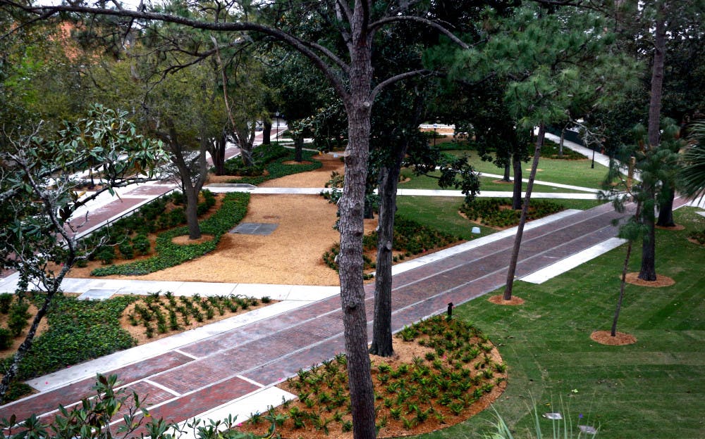 A view of the newly renovated portion of Plaza of the Americas from Library West.