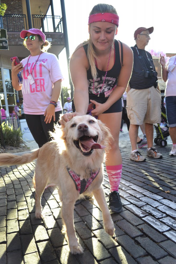 Honey, a 6-year-old golden retriever lab mix, wags her tail as owner Kendall Nettles gets ready to walk the Making Strides Against Breast Cancer 5k on Oct. 24, 2015. The 22-year-old Santa Fe early childhood education senior said it was important to support those with breast cancer and those who had lost their lives.