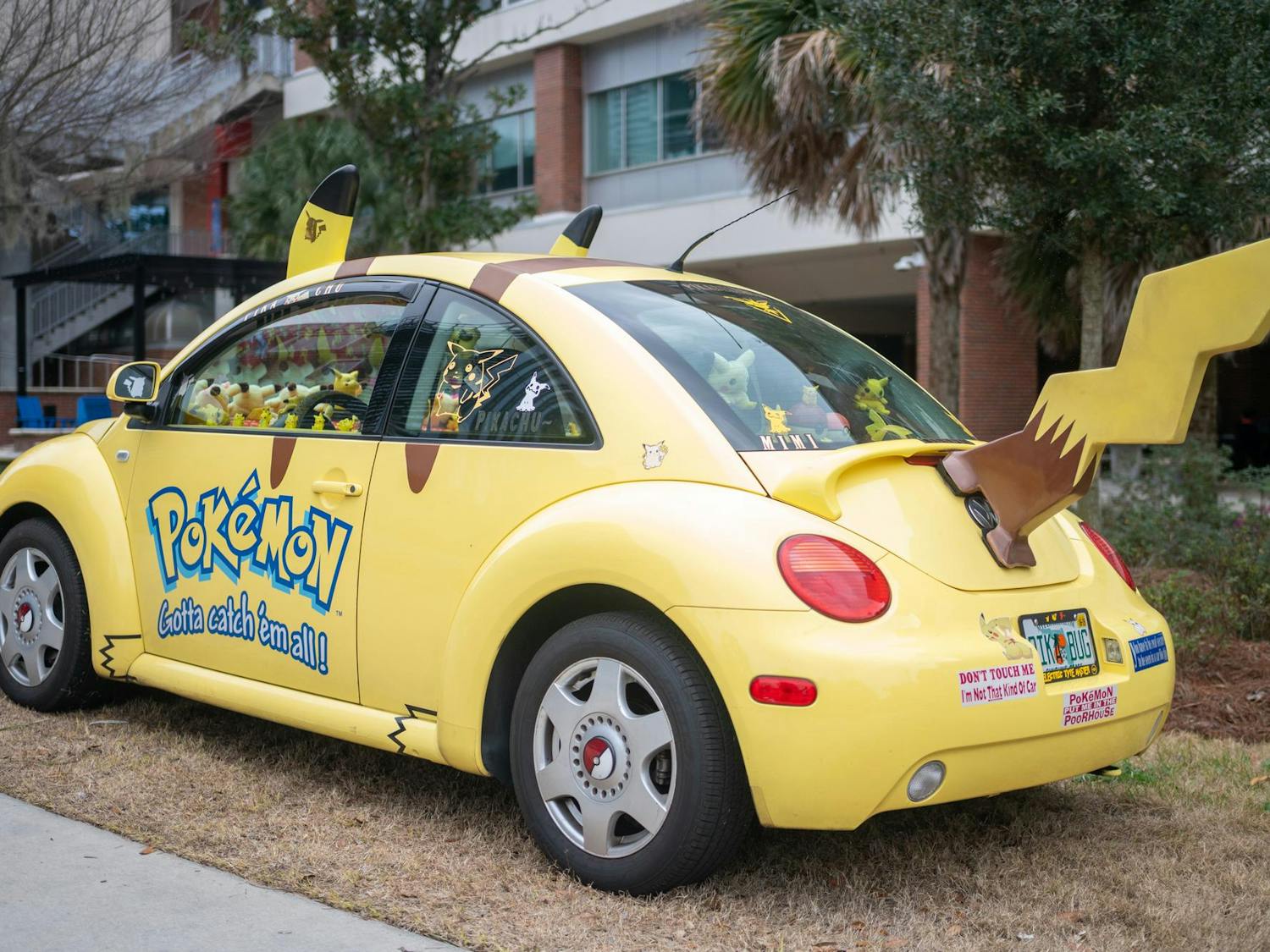 A yellow Volkswagen Beetle sits parked at the base of the Reitz Union, appearing as Pikachu, a character from the Pokemon franchise, Saturday, Feb. 28, 2026, in Gainesville, Fla.