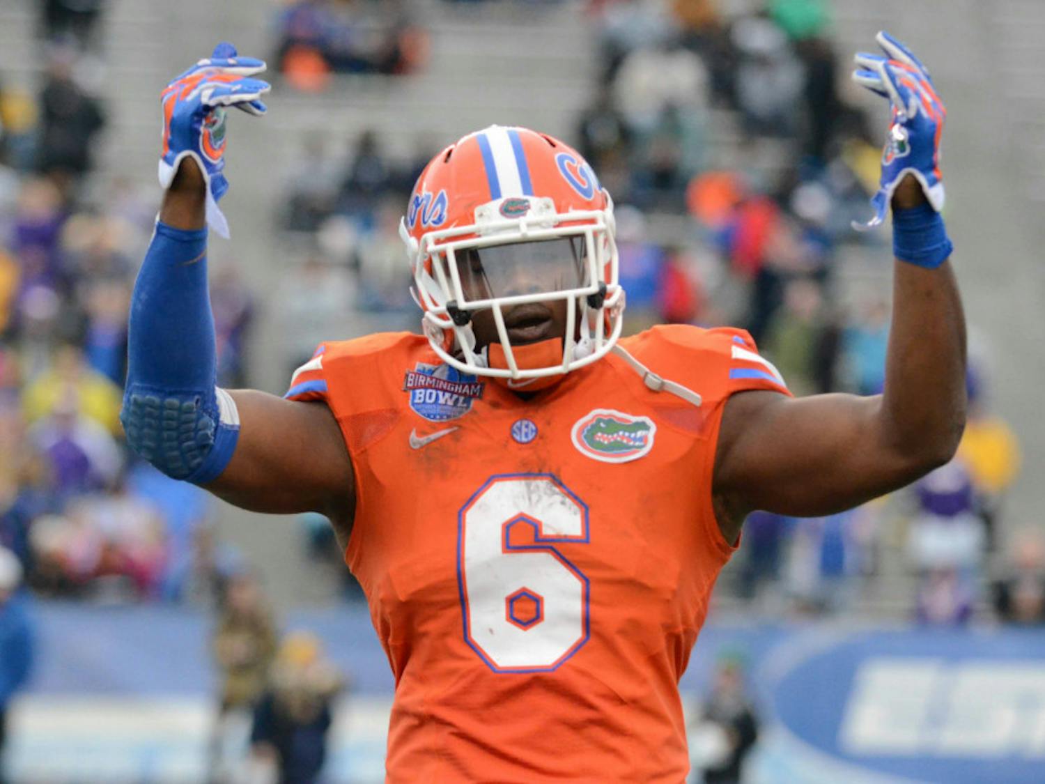 Dante Fowler Jr hypes up the crowd during Florida's 28-20 win in the Birmingham Bowl against East Carolina on Jan. 3 at Legion Field.