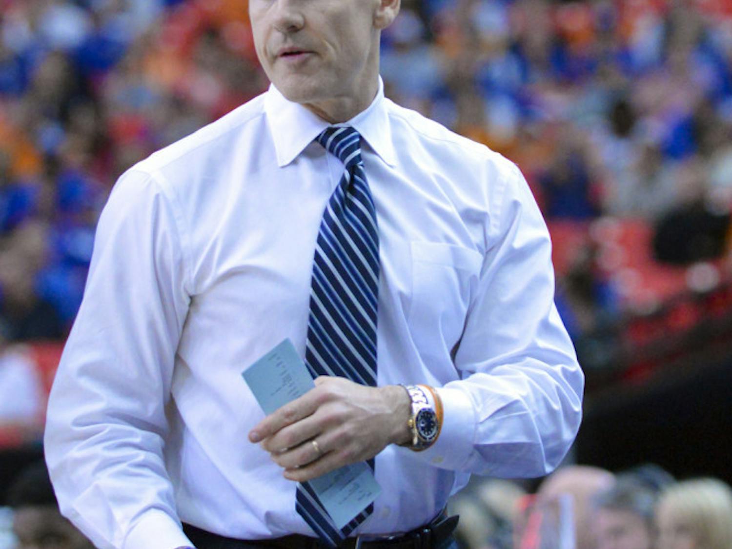 Billy Donovan looks down the court during Florida's win against Missouri during the 2014 SEC Tournament in Atlanta.