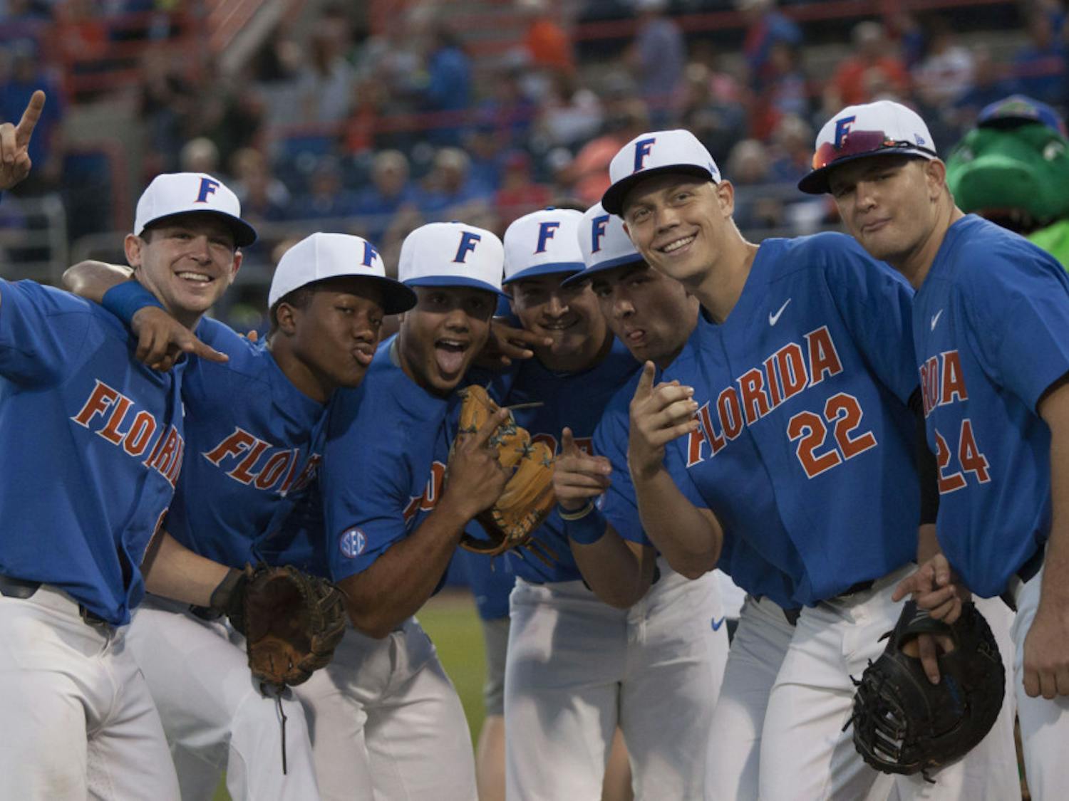 Florida’s baseball team poses for a photo before its 2-0 win against Miami on Feb. 25, 2017, at McKethan Stadium.