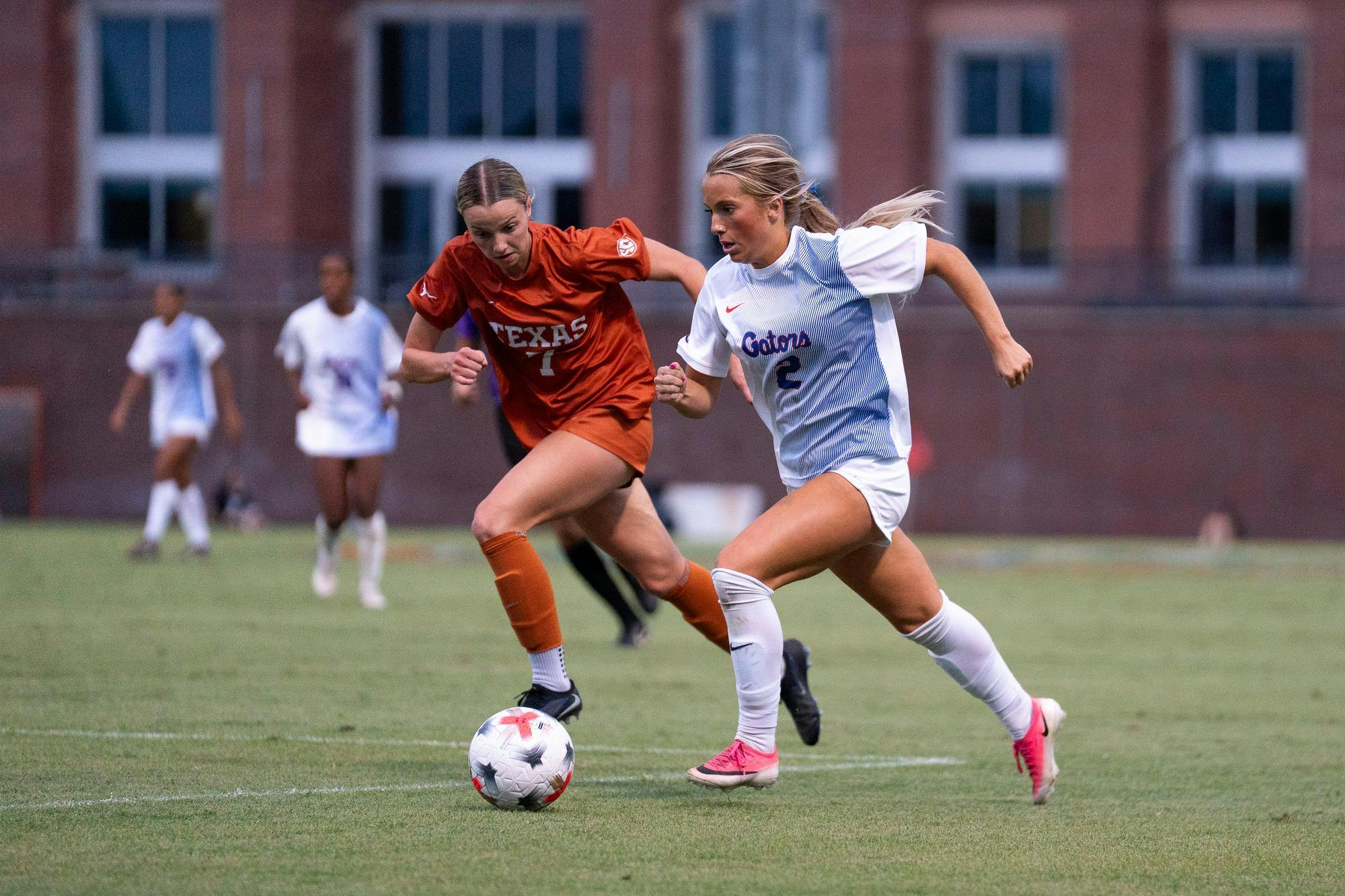 Florida's Ella Peterson racing Texas defender to the ball during the Gators' match against the Longhorns in Gainesville, Fla. Thursday, Sept. 24.