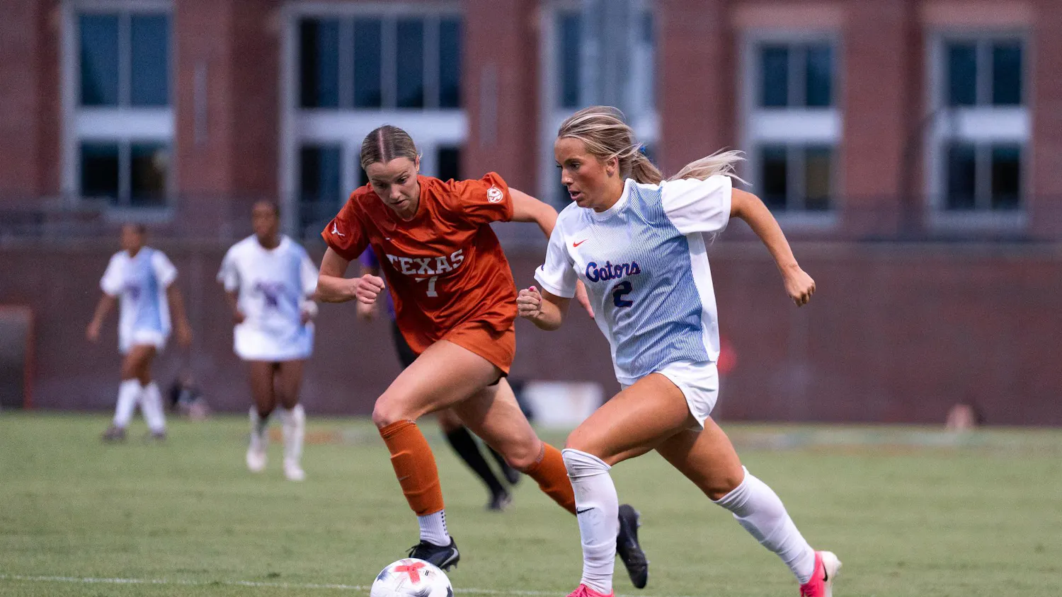 Florida defender Ella Petersen (2) races to the goal during an NCAA soccer match against Texas, Thursday, Sept. 25, 2026, in Gainesville, Fla.