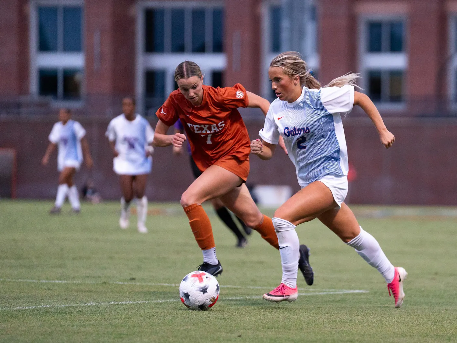 Florida's Ella Peterson racing Texas defender to the ball during the Gators' match against the Longhorns in Gainesville, Fla. Thursday, Sept. 24.