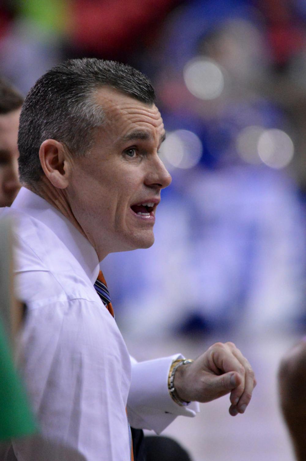 <p>Billy Donovan talks to his players during a timeout in Florida’s 61-60 win against Kentucky on March 16 in the Georgia Dome in Atlanta.</p>