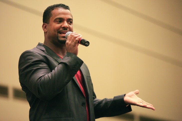 Alfonso Ribeiro, known for his role as Carlton in ’90s sitcom “The Fresh Prince of Bel-Air,” speaks before a crowd of about 475 in the Reitz Union Grand Ballroom on Tuesday evening. Read the story on page 5.