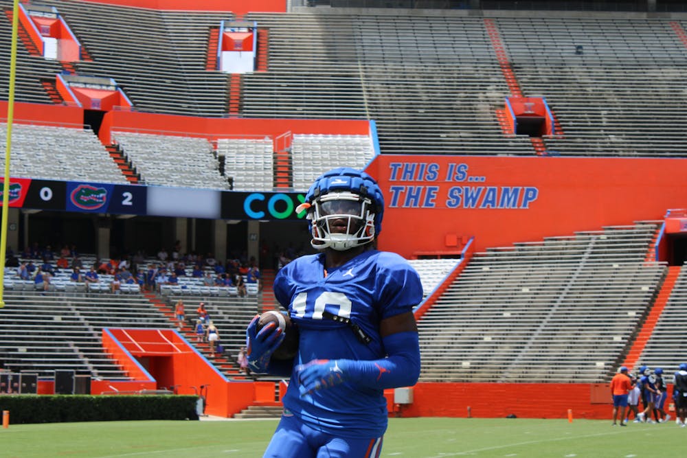Sophomore safety Miguel Mitchell competes in a drill before the Gators' scrimmage Friday, Aug. 18, 2023.