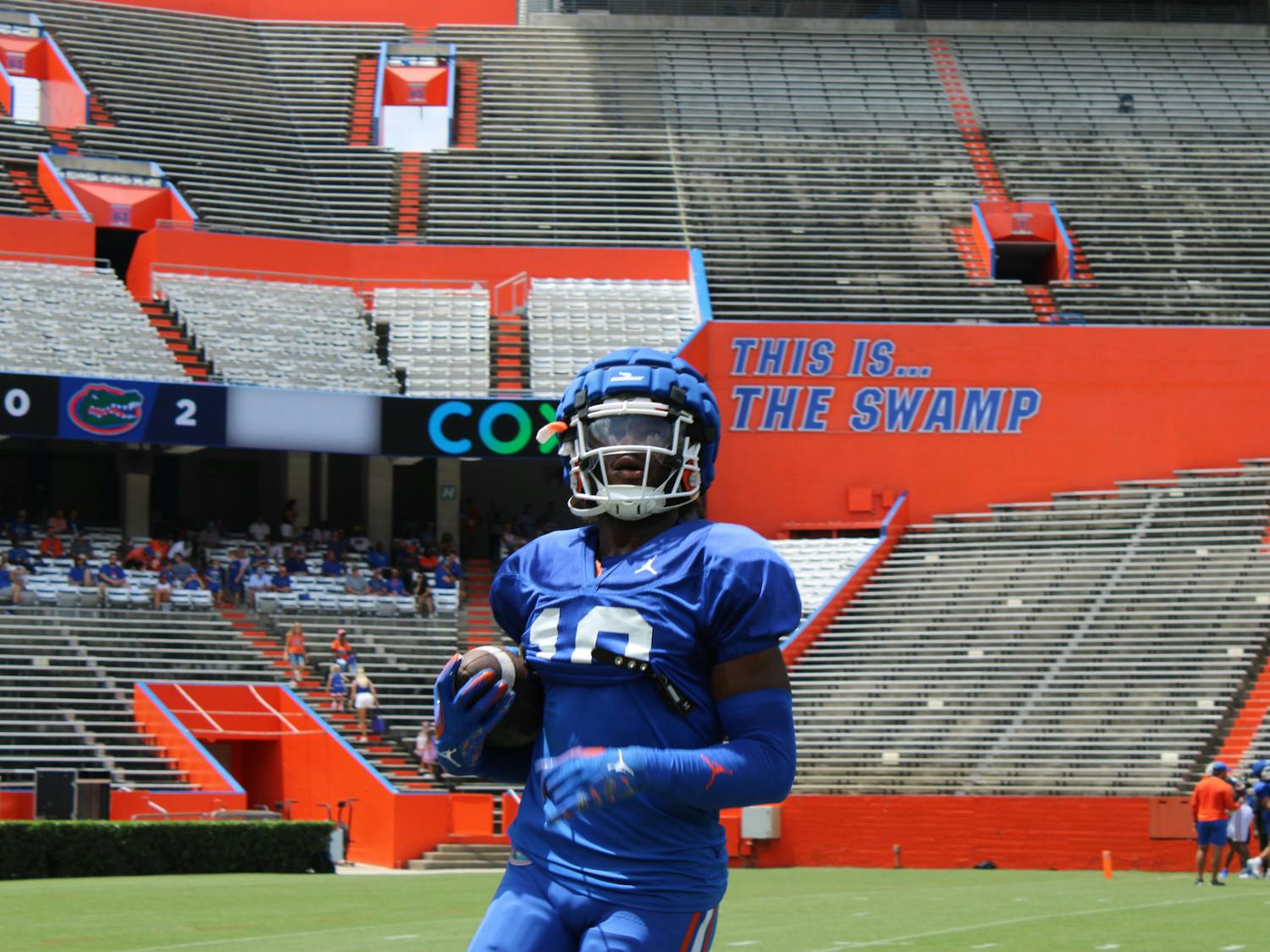 Sophomore safety Miguel Mitchell competes in a drill before the Gators' scrimmage Friday, Aug. 18, 2023.