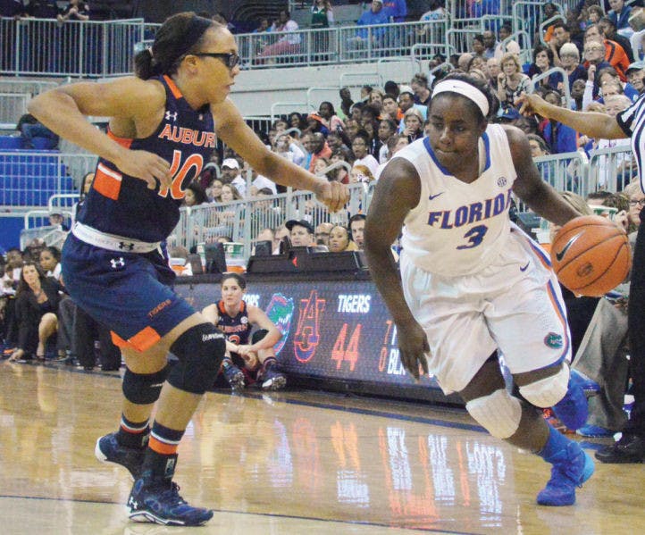 January Miller drives the ball to the net during Florida’s 87-69 win against Auburn on Jan. 26 in the O’Connell Center. Miller scored only five points while turning the ball over three times in UF’s loss to UGA on Sunday.