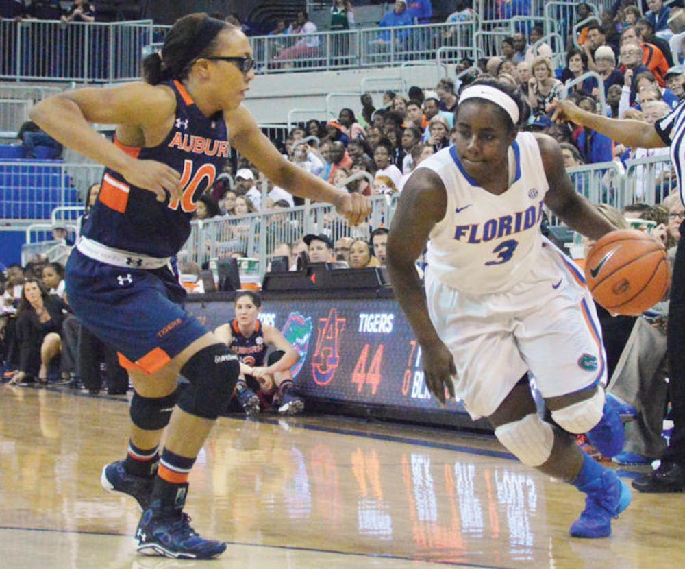 <p>January Miller drives the ball to the net during Florida’s 87-69 win against Auburn on Jan. 26 in the O’Connell Center. Miller scored only five points while turning the ball over three times in UF’s loss to UGA on Sunday.</p>