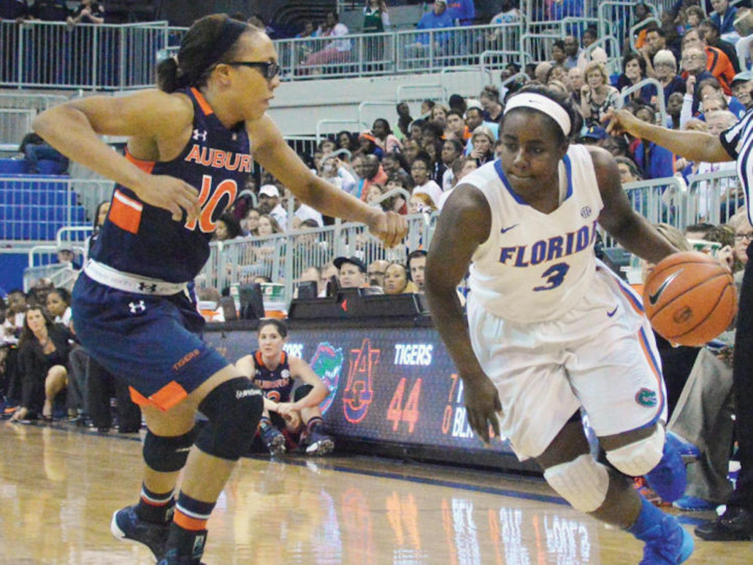 January Miller drives the ball to the net during Florida’s 87-69 win against Auburn on Jan. 26 in the O’Connell Center. Miller scored only five points while turning the ball over three times in UF’s loss to UGA on Sunday.