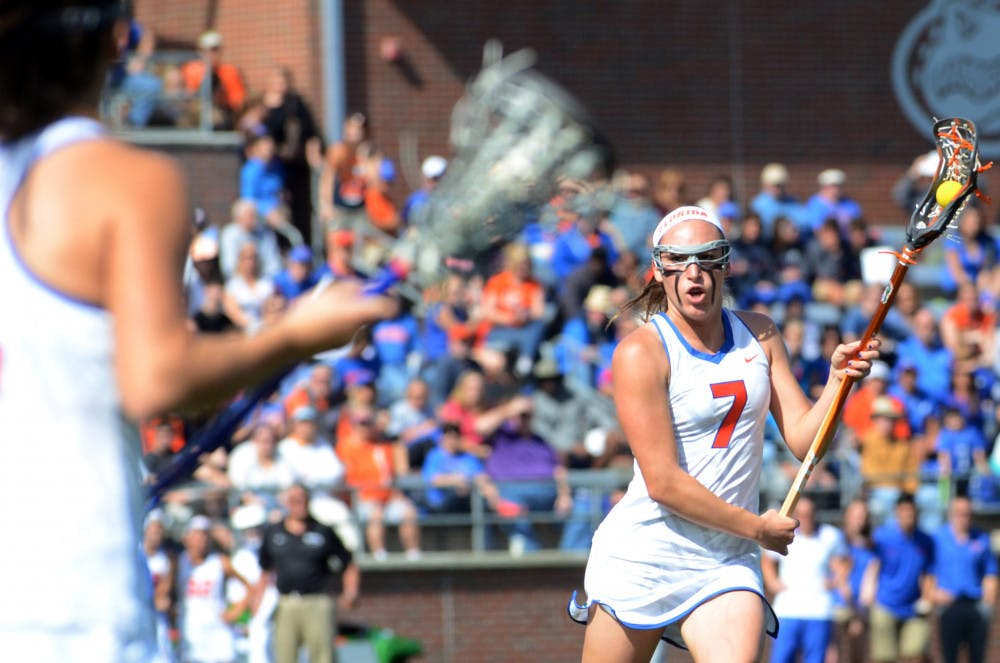 Freshman attacker Shayna Pirreca (7) looks to pass the ball during Florida's 17-11 loss to North Carolina on Feb. 7 at Donald R. Dizney Stadium.
