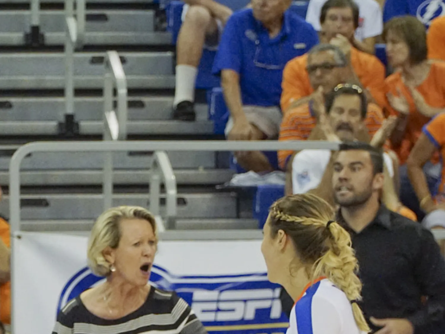 UF coach Mary Wise calls out to setter Mackenzie Dagostino during Florida's 3-1 loss to Kentucky on Sept. 27, 2015, in the O'Connell Center.