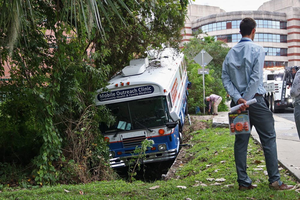 The Mobile Outreach Clinic Bus sits in a ditch about 50 yards from the McKnight Brain Institute. Gainesville Fire and Rescue said the brakes for the bus went out as it was going up Newell Drive. The driver was the only person on the bus and there were no reported injuries.