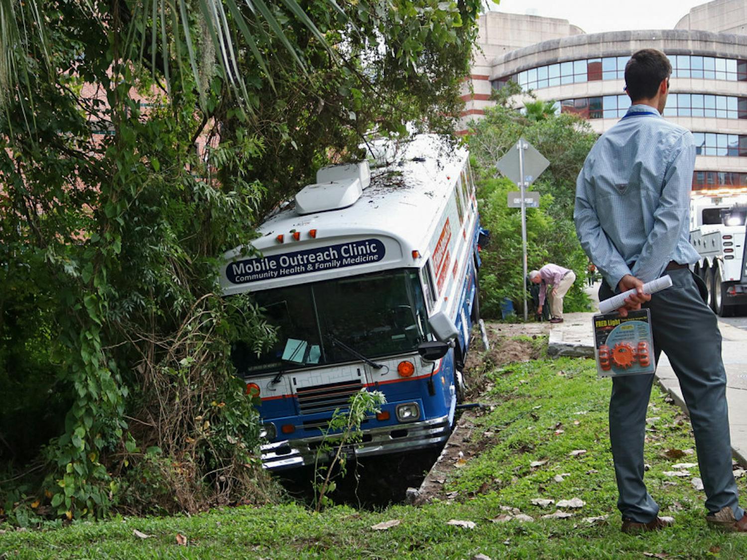 The Mobile Outreach Clinic Bus sits in a ditch about 50 yards from the McKnight Brain Institute. Gainesville Fire and Rescue said the brakes for the bus went out as it was going up Newell Drive. The driver was the only person on the bus and there were no reported injuries.