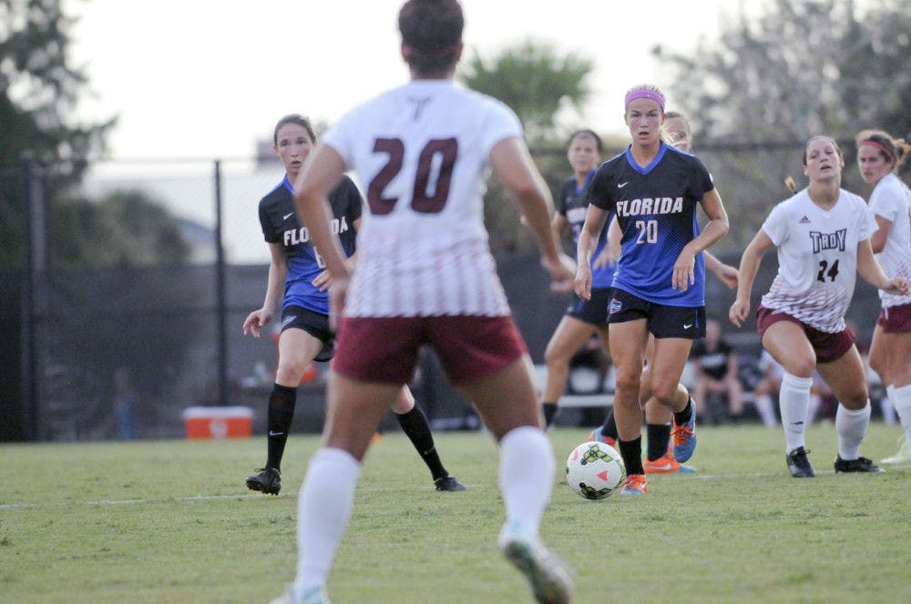 UF defender Christen Westphal dribbles during Florida's 2-1 win against Troy in an exhibition match on Aug. 11 at the soccer practice field at Donald R. Dizney Stadium.