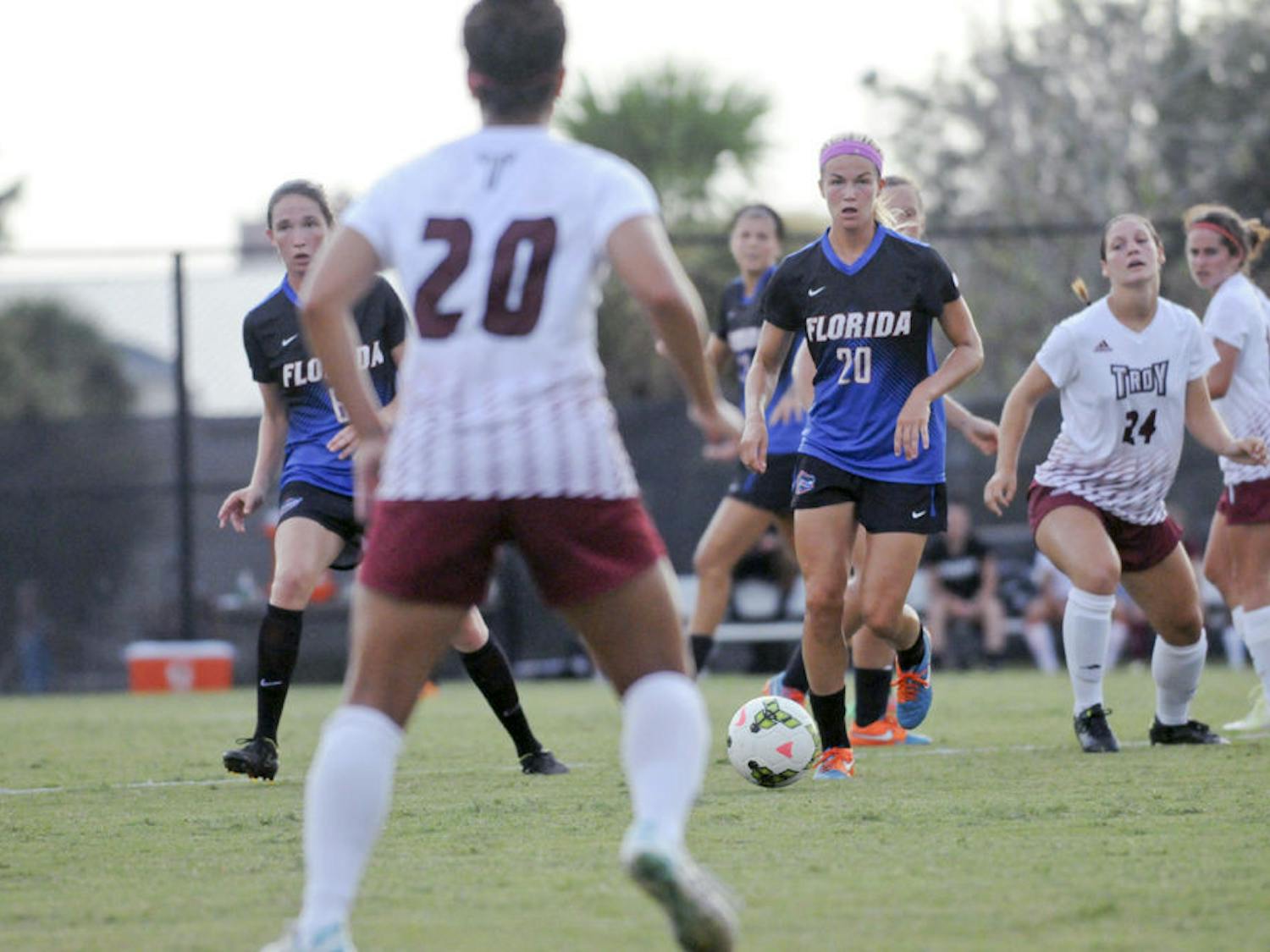 UF defender Christen Westphal dribbles during Florida's 2-1 win against Troy in an exhibition match on Aug. 11 at the soccer practice field at Donald R. Dizney Stadium.