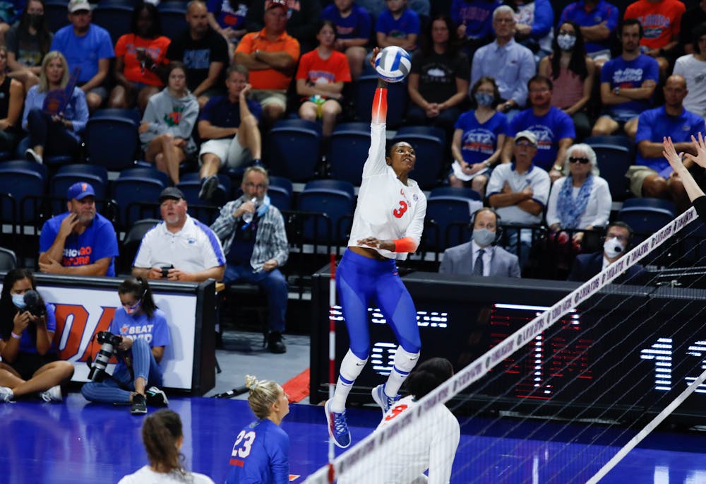 Florida's T'ara Ceasar jumps for a kill in a game against Oct. 16 against Texas A&M.