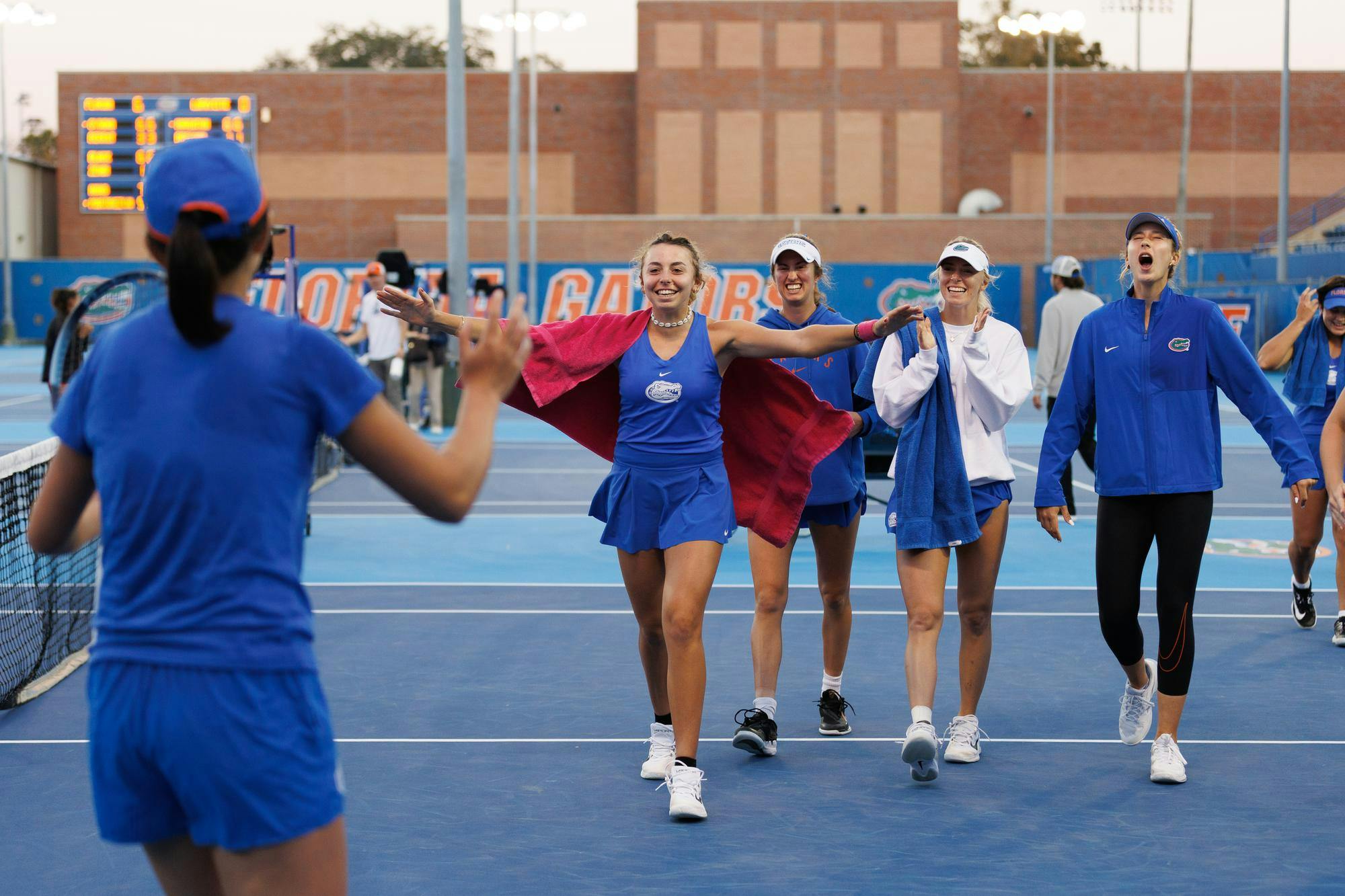 Florida's Lucie Pawlak celebrates Xinyi Nong’s win over Ana Martinez Vaquero of Louisiana during an NCAA women’s tennis match, Friday, Feb. 13, 2026, in Gainesville, Fla.