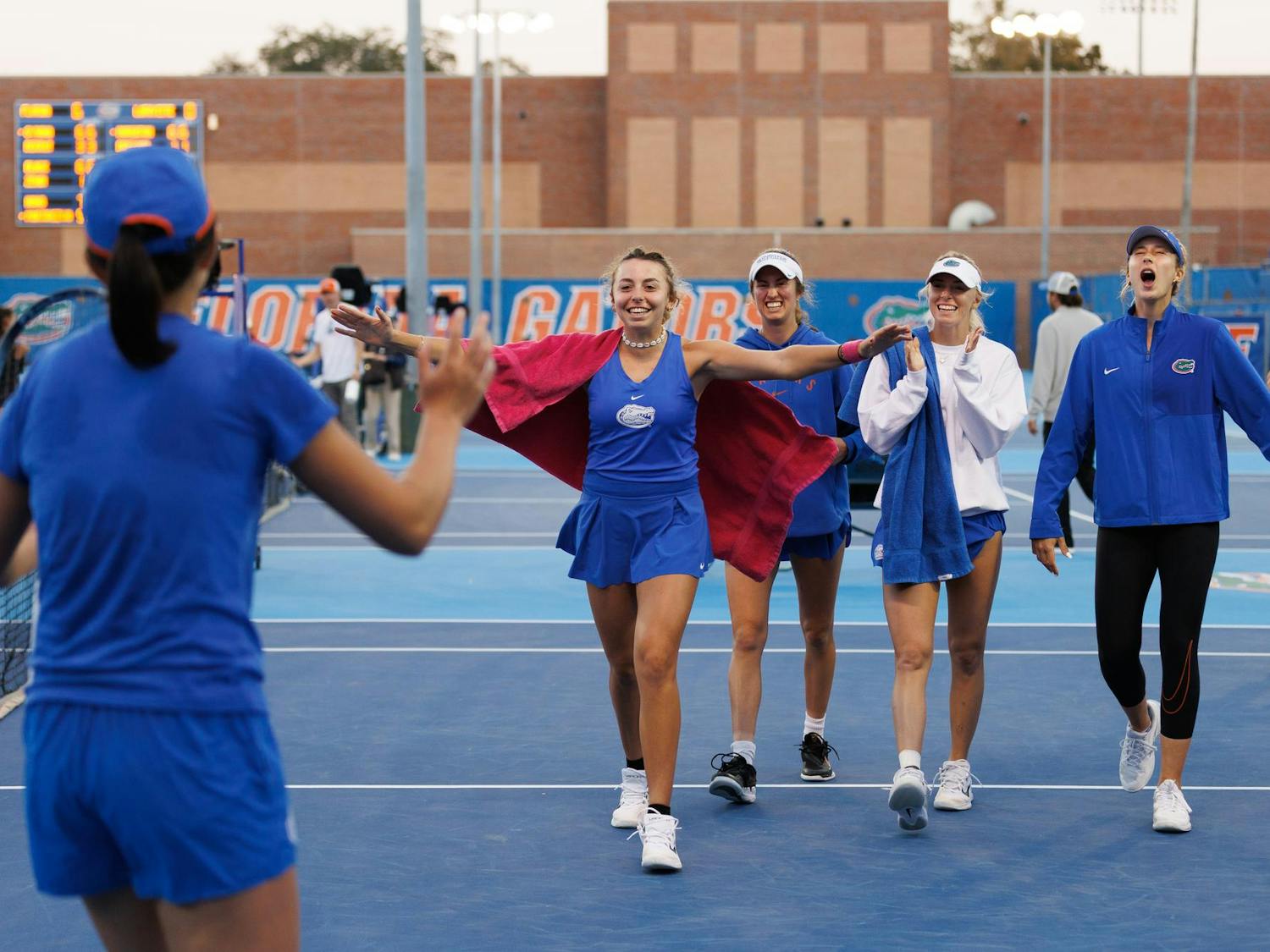 Florida's Lucie Pawlak celebrates Xinyi Nong’s win over Ana Martinez Vaquero of Louisiana during an NCAA women’s tennis match, Friday, Feb. 13, 2026, in Gainesville, Fla.