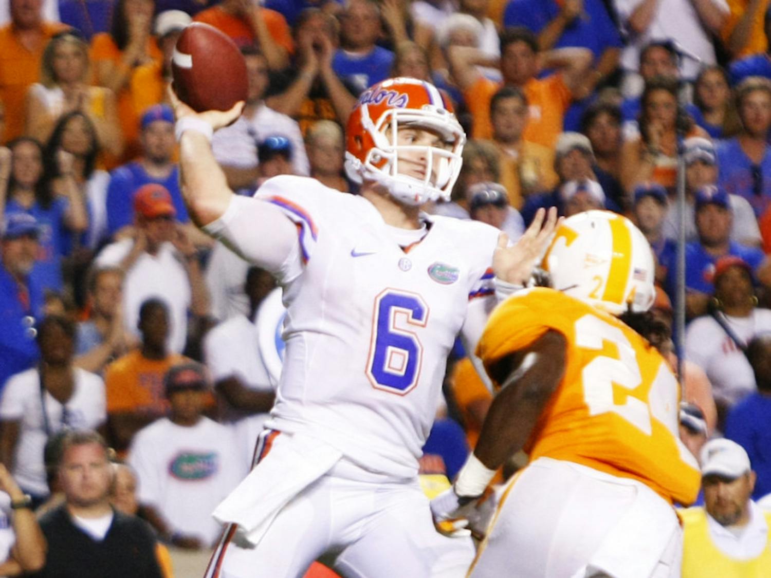 Florida quarterback Jeff Driskel (6) attempts a pass over the Tenneesee defense during a 37-20 victory against Tennessee on Saturday at Neyland Stadium.