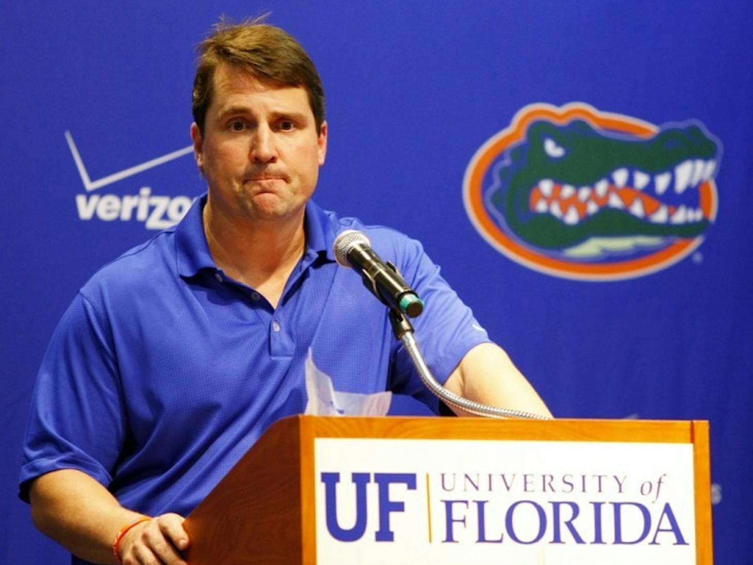 Florida football coach Will Muschamp talks to reporters during UF Media Day Aug. 2. During his first year with the Gators, Muschamp led Florida to a 7-6 record and a Gator Bowl win against Ohio State.