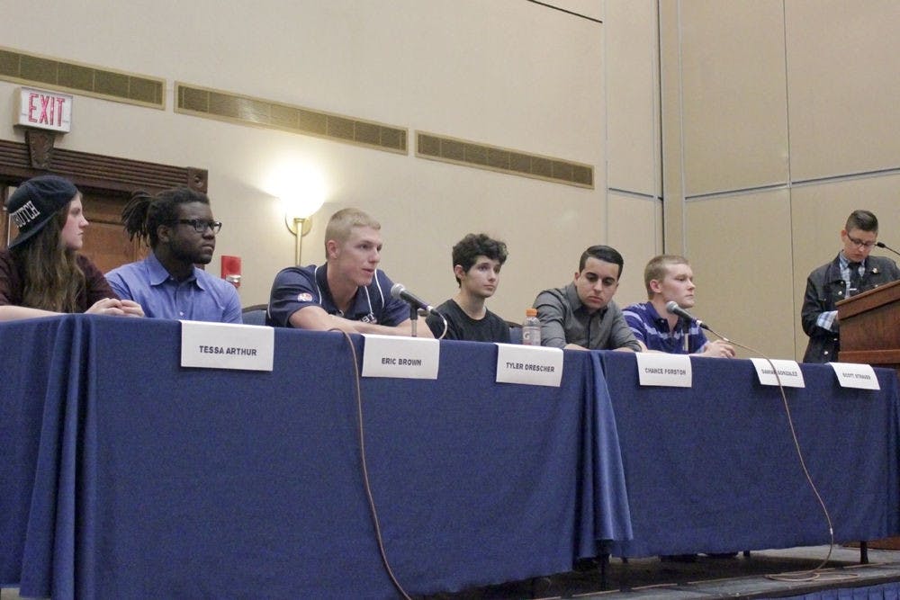 <p>From left, Tessa Arthur, Eric Brown, Tyler Drescher, Chance Forston, Damian Gonzales, Scott Strauss and LB Hannahs participate in Women’s History Month’s Masculine Mystique panel. The group discussed how concepts of masculinity have influenced their lives and gender expressions.</p>
