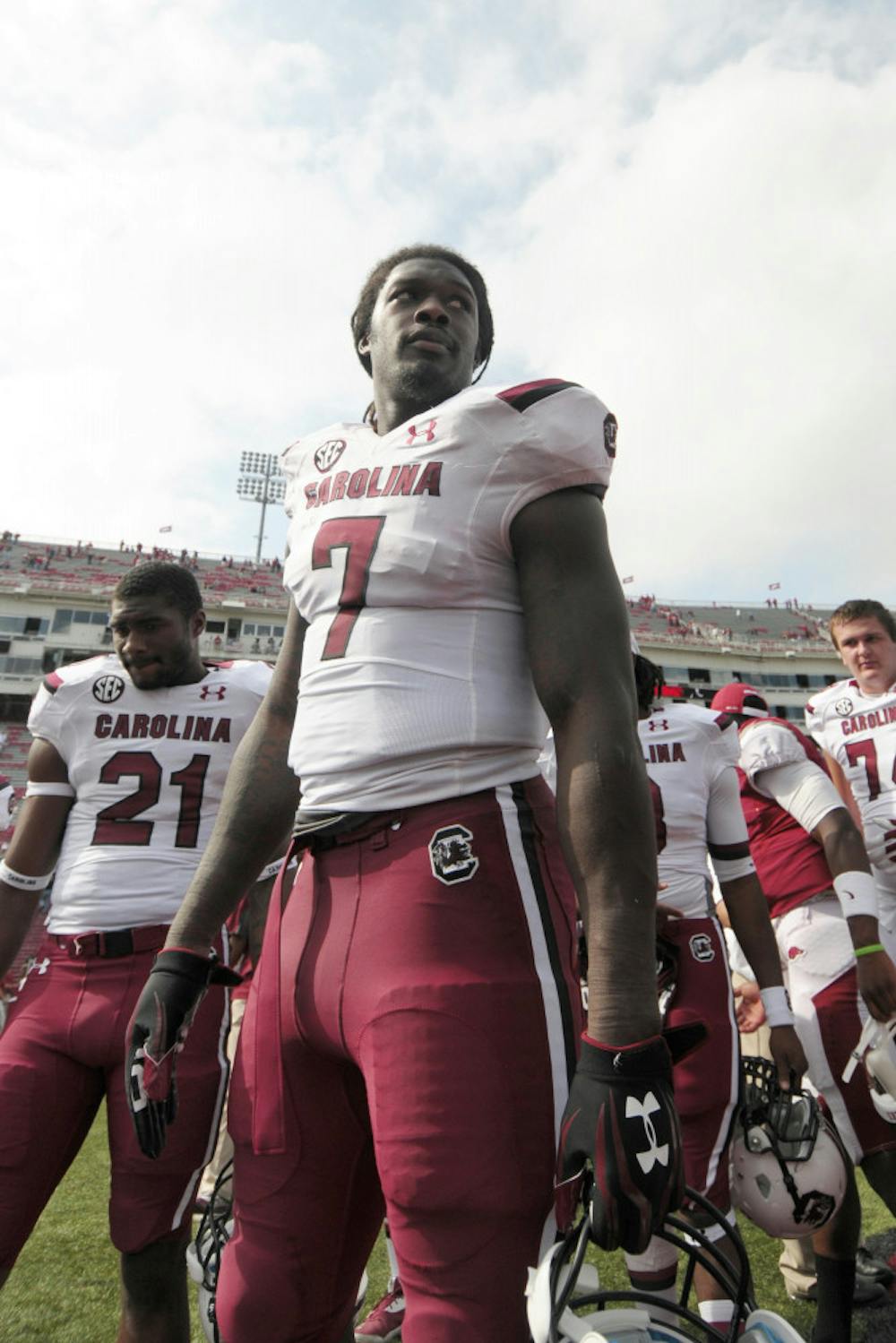 <p>South Carolina defensive end Jadeveon Clowney (7) walks off the field after his team's 52-7 win against Arkansas in Fayetteville, Ark., on Oct. 12.</p>