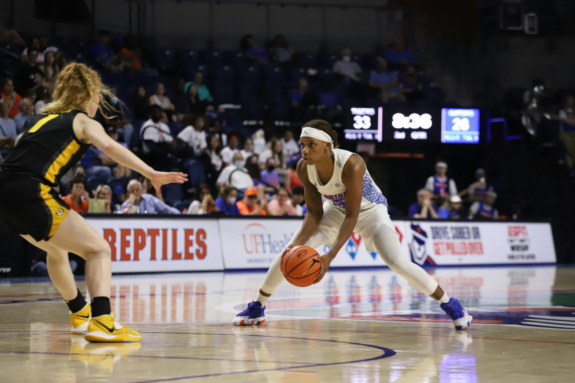 Junior guard Nina Rickards possesses the ball against Missouri Feb. 27. In Florida's opening game of the SEC Tournament Rickards led the way with 15 points and eight rebounds.