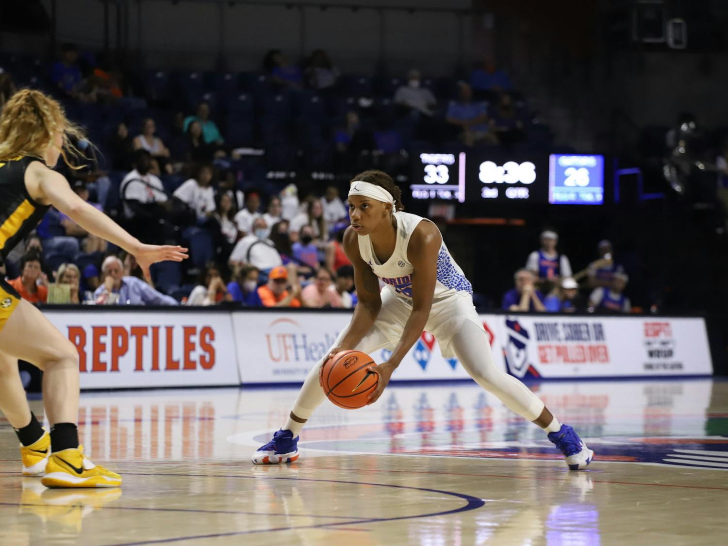 Junior guard Nina Rickards possesses the ball against Missouri Feb. 27. In Florida's opening game of the SEC Tournament Rickards led the way with 15 points and eight rebounds.
