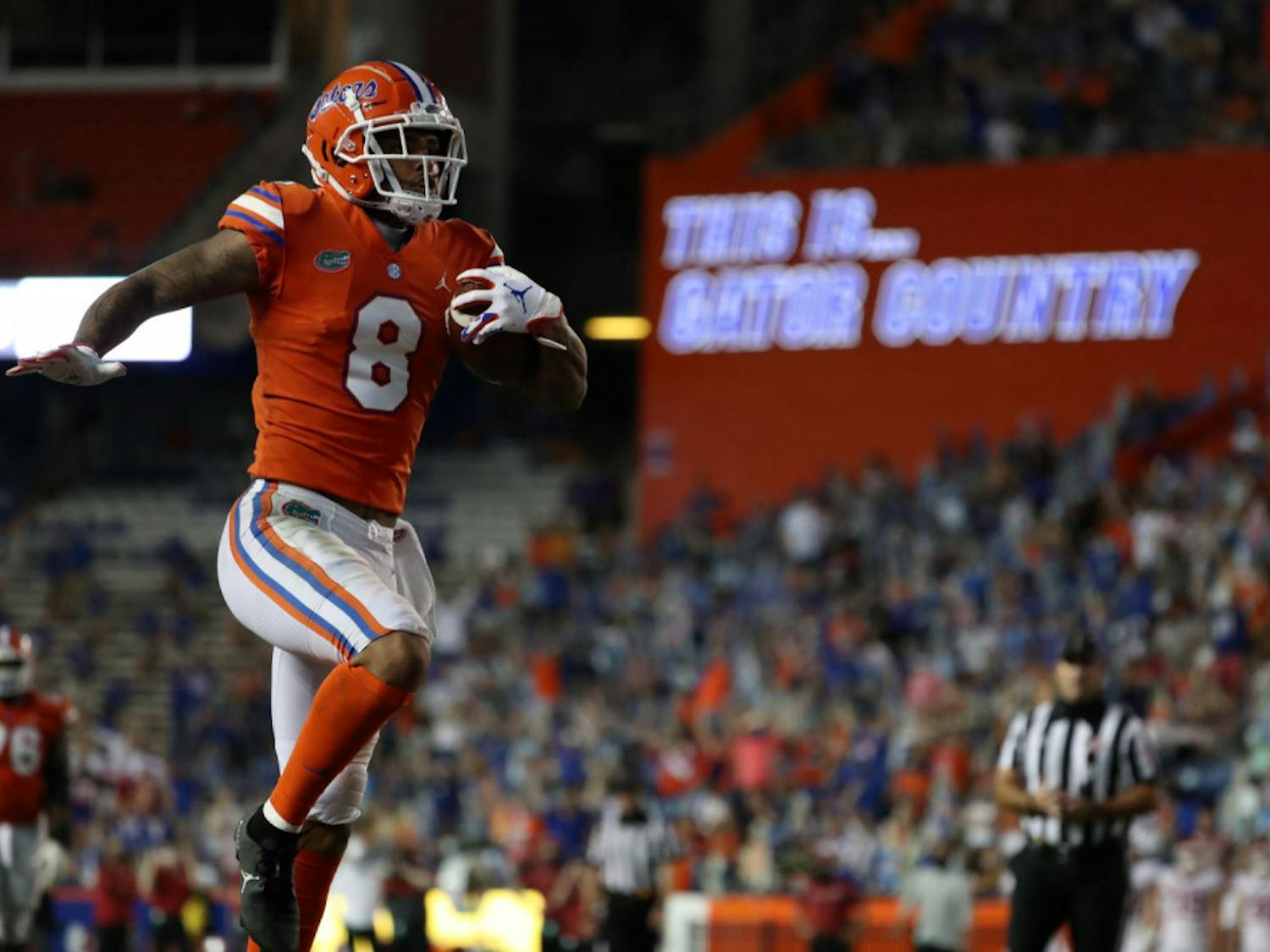 Florida wide receiver Trevon Grimes at Saturday night’s game versus Arkansas at The Swamp. Grimes led the team in reception yards on Nov. 14, amassing 109 yards on six catches.