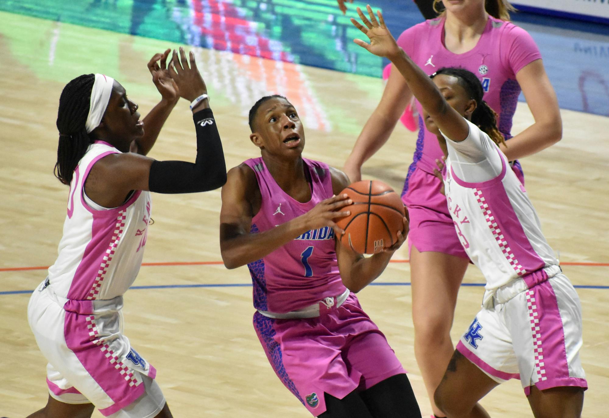 After eclipsing 1,000 career points in Wednesday's win over Auburn, star Florida guard Kiara Smith dropped a career-high 36 points — accounting for 56.2% of the Gators’ points. Photo from UF-Kentucky game Feb. 1.