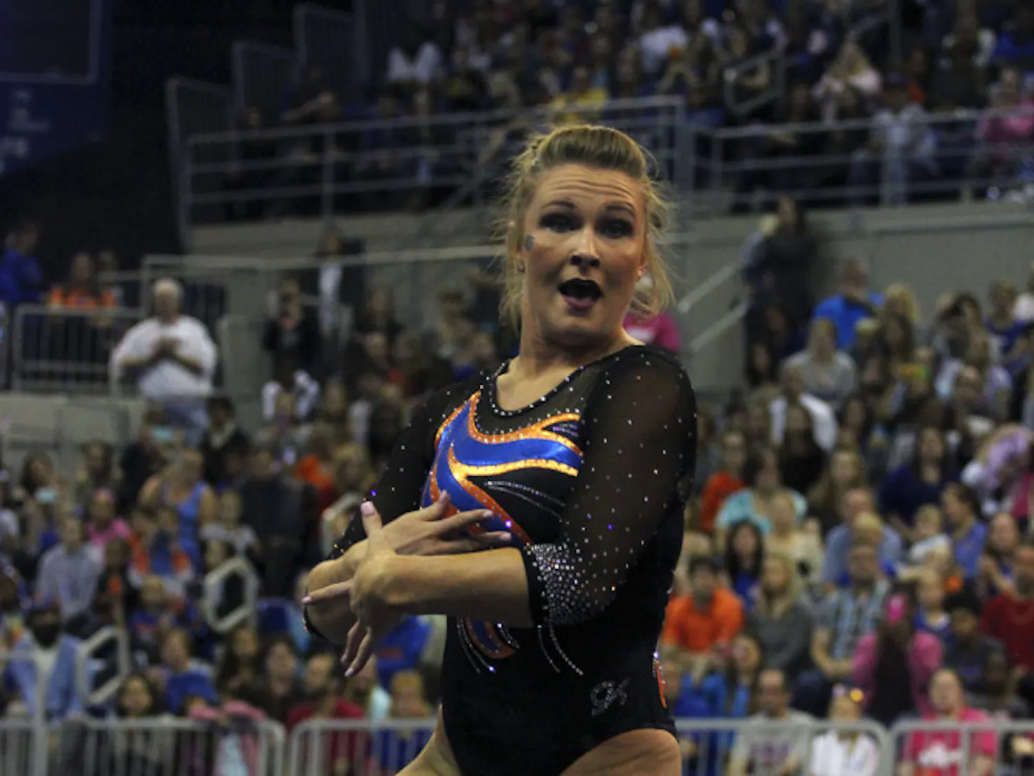 Bridget Sloan performs her floor routine during Florida's loss to LSU on Feb. 26, 2016, in the O'Connell Center.