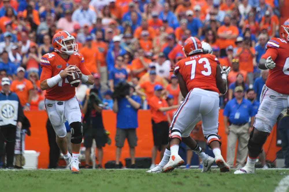 UF quarterback Luke Del Rio looks to pass the ball during Florida's 38-24 win against Vanderbilt on Saturday at Ben Hill Griffin Stadium.