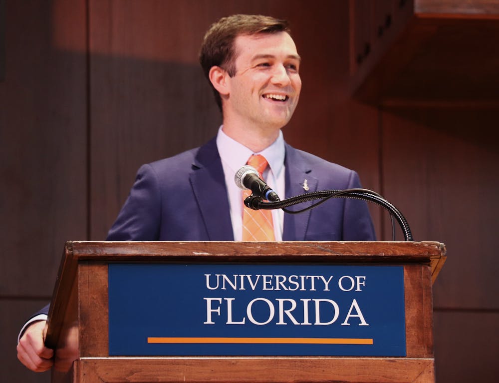 Cooper Brown, UF student body president, delivers the State of Campus Address at the University Auditorium on Tuesday, Nov. 2, 2021. 