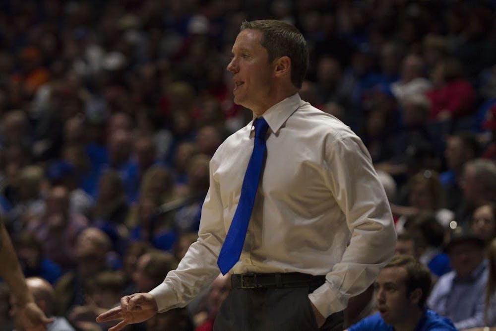 <p>UF head coach Mike White looks on during Florida's 72-62 loss to Vanderbilt in the Southeastern Conference Tournament on March 10, 2017, in Nashville, Tennessee.</p>