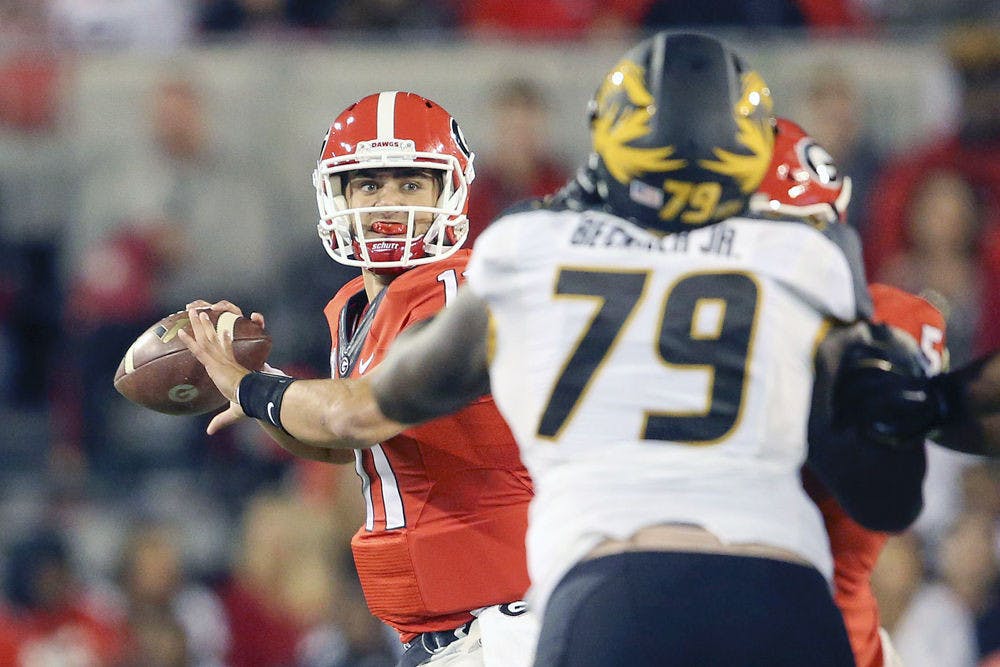 Georgia quarterback Greyson Lambert throws during UGA's 9-6 win over Missouri on Oct. 17, 2015, at Sanford Stadium in Athens, Georgia.