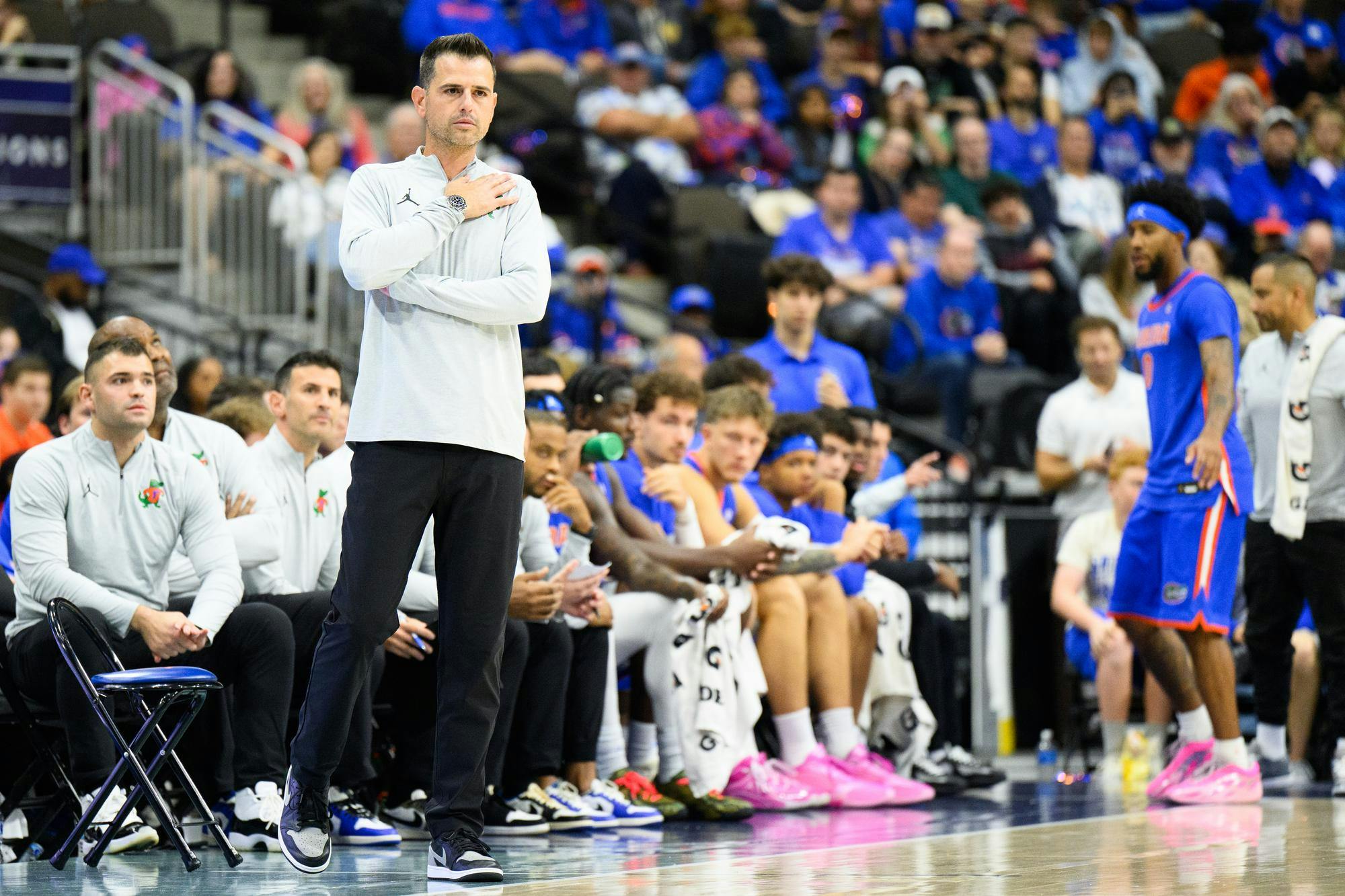 Florida head coach Todd Golden watches his team during the first half of an NCAA men's basketball exhibition game against Baylor, Sunday, Oct. 18, 2026, in Jacksonville, Fla.
