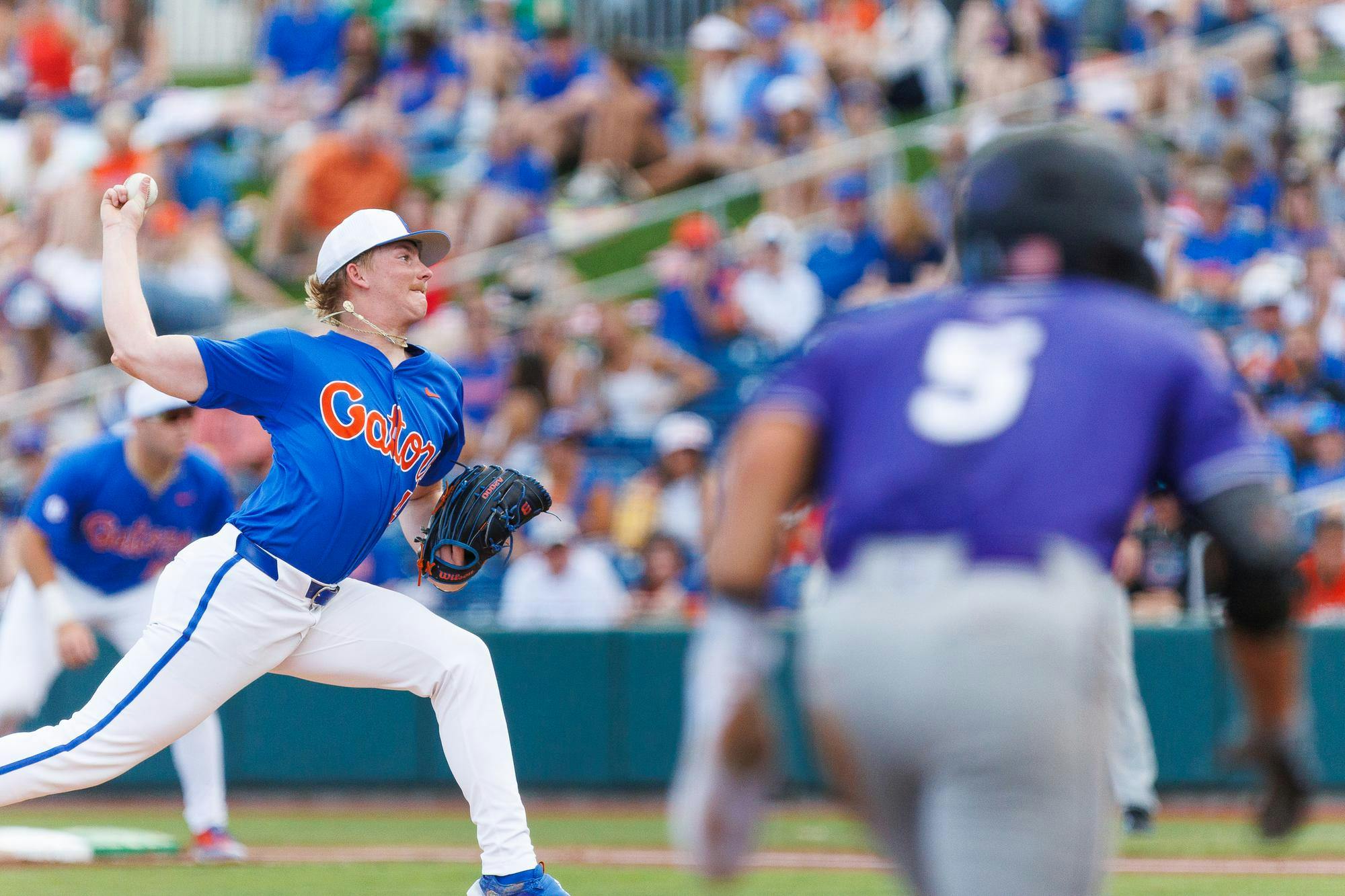 Florida Gators right handed pitcher Aidan King pitches during an NCAA Baseball game against High Point, Saturday, March 7, 2026, in Gainesville, Fla.