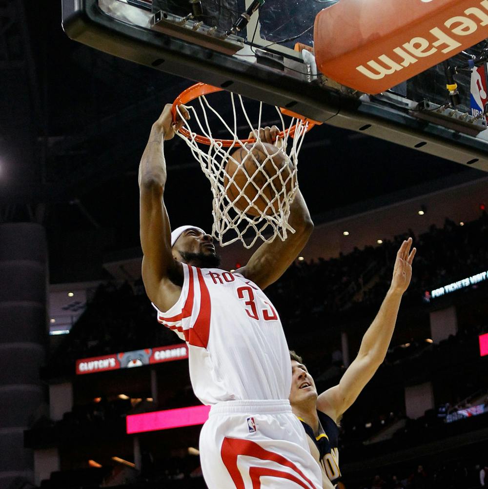 <p>Houston Rockets guard Corey Brewer (33) dunks the ball during the first half Houston's 110-98 win against the Indiana Pacers on Jan 19.</p>