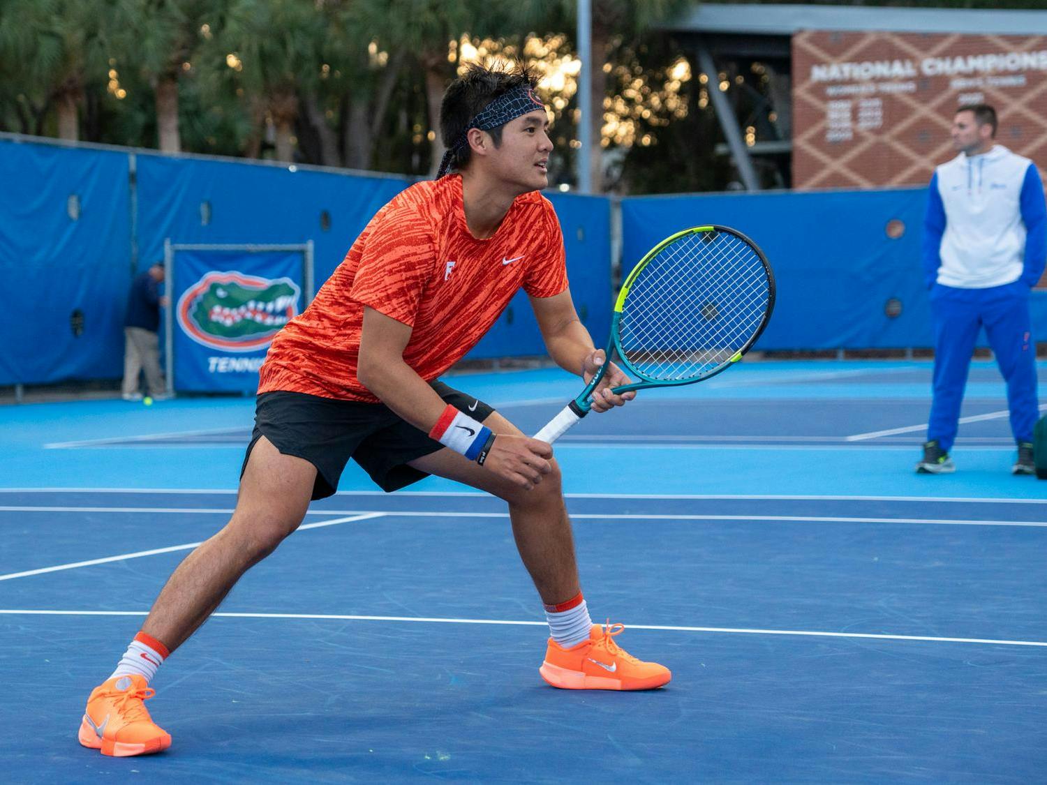 Florida’s Tanapatt Nirundorn gets ready for an NCAA men's doubles tennis match against Florida State in Gainesville, Fla., Friday, Jan 30, 2026.