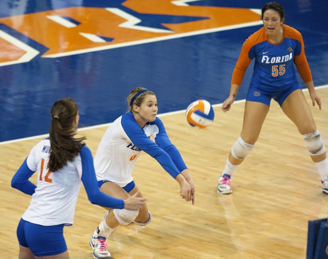 Florida outside hitter Kristy Jaeckel (center) and right-side hitter Kelly Murphy (left), both seniors, combined for 57 kills in the Gators’ first- and second-round victories in the NCAA championship.
