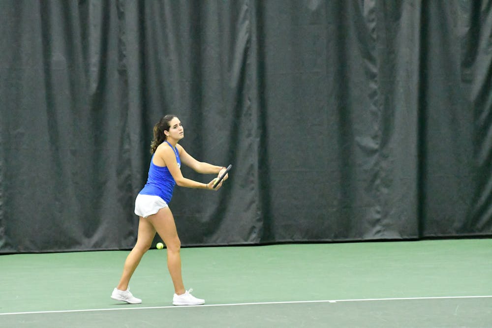 Florida sophomore Emily De Oliveira serves the ball in the Gators' 6-1 victory against the Baylor Bears Sunday, Feb. 5, 2023. Photo by Shelby Hild.