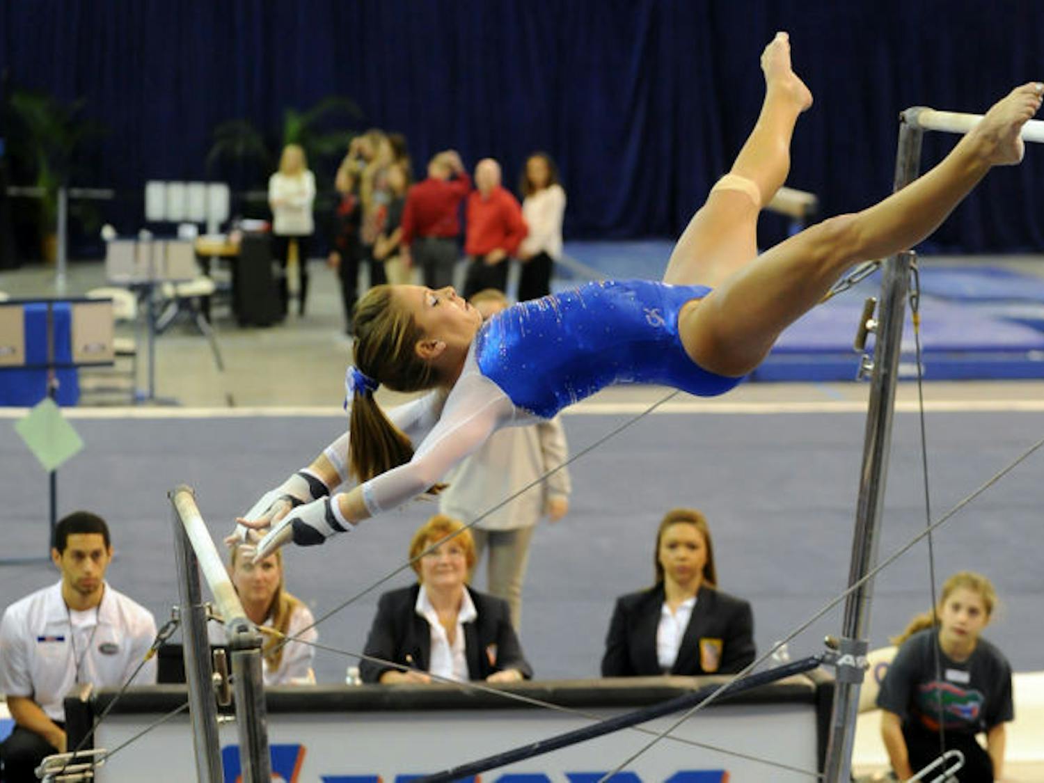 Mackenzie Caquatto performs on the uneven bars during Florida’s 198.05-196.70 win over Georgia on Jan. 24. 