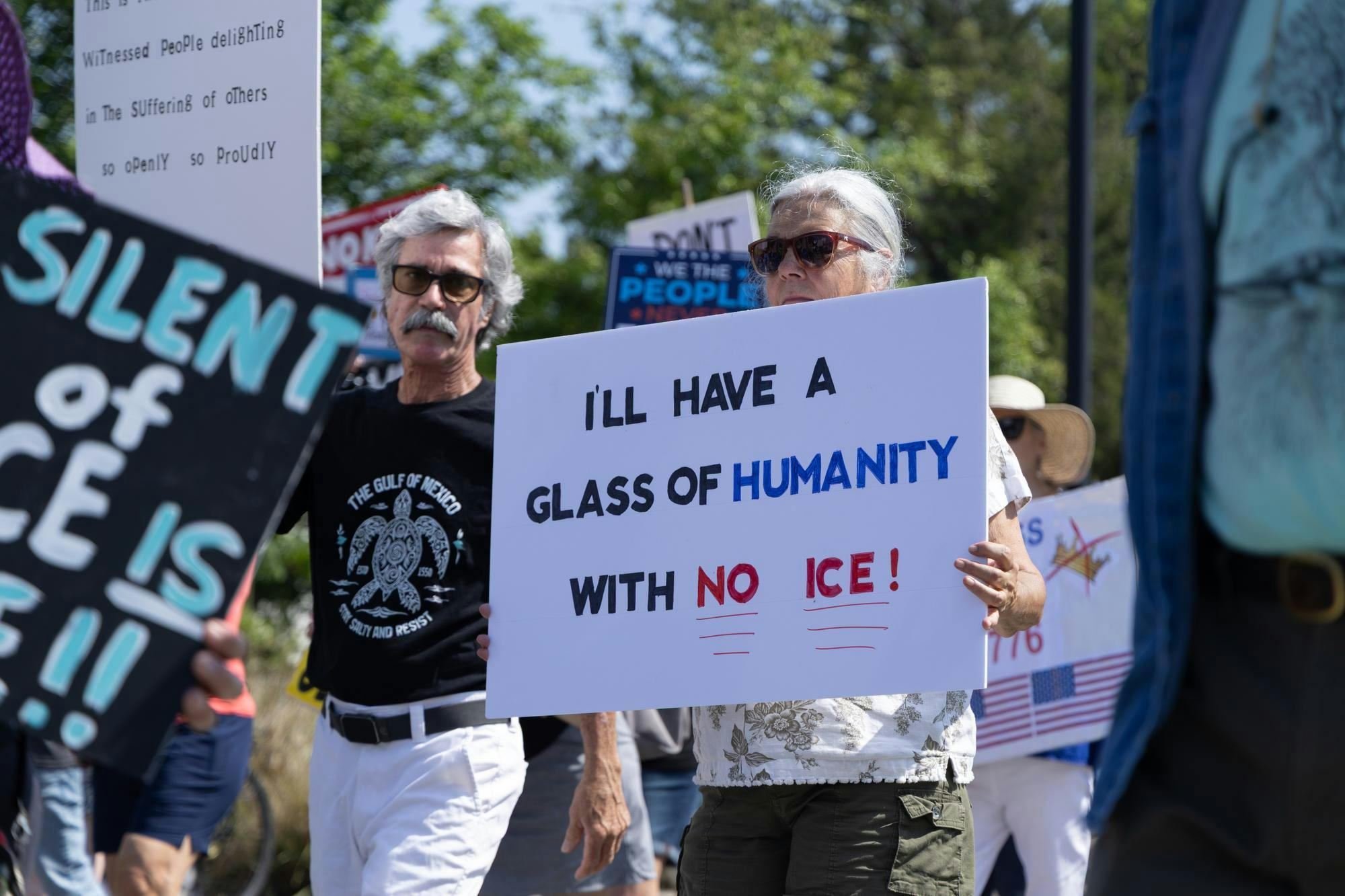 About 2,000 people gathered at Gainesville’s Cora Roberson Park on Saturday to protest the Trump administration. The protest was part of No Kings demonstrations planned across the country — the third since the series began June 14, 2025, and the first of this year.