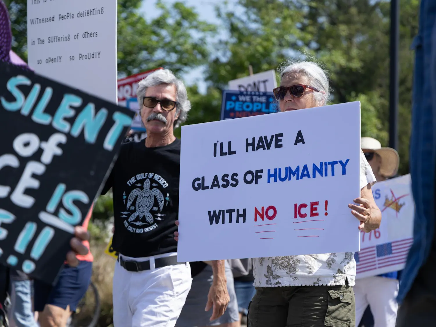About 2,000 people gathered at Gainesville’s Cora Roberson Park on Saturday to protest the Trump administration. The protest was part of No Kings demonstrations planned across the country — the third since the series began June 14, 2025, and the first of this year.