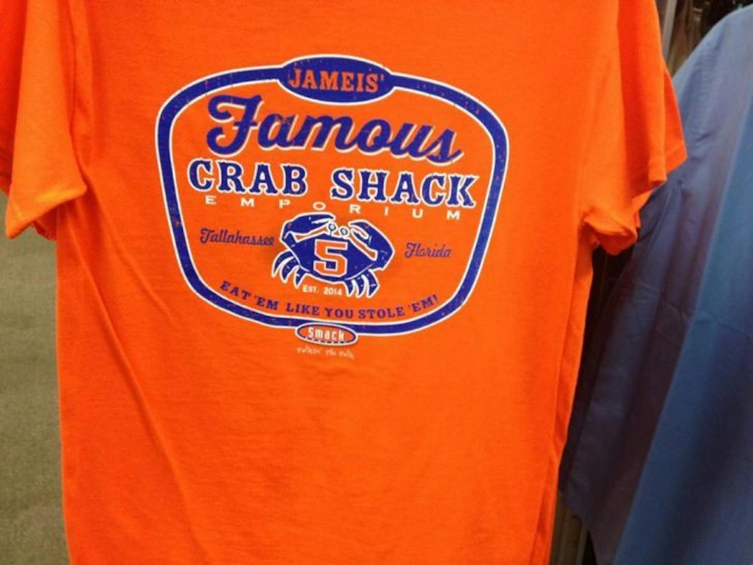 Shirts on display at Gator Mania in the Oaks Mall making fun of Jameis Winston shoplifting crabs have been popular among Florida fans.